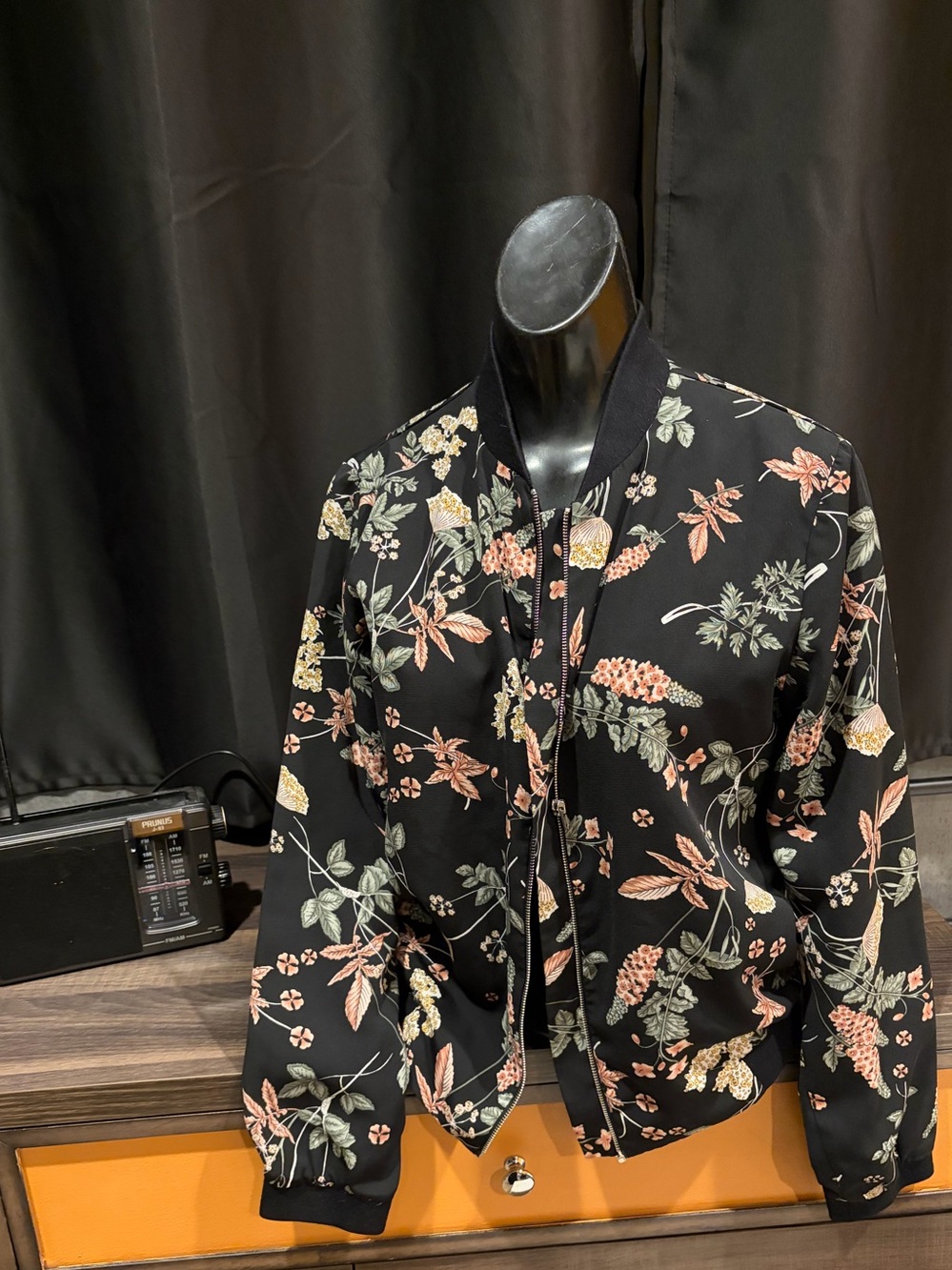 Timing Black Floral Bomber Jacket with Pink and Green Accents